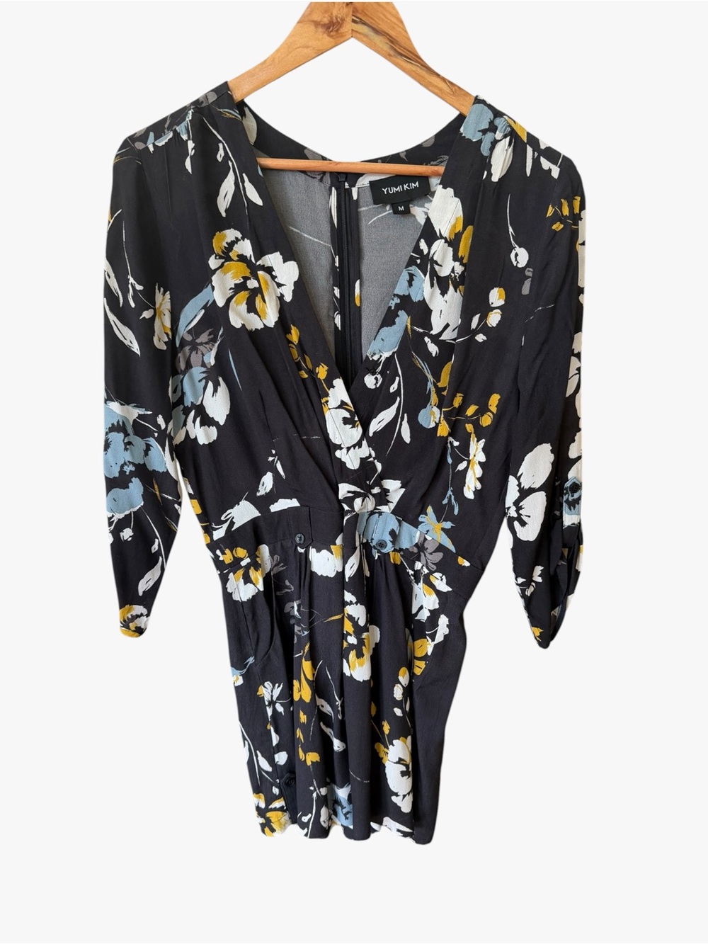 Yumi Kim Black Floral romper with Blue and Yellow Blooms